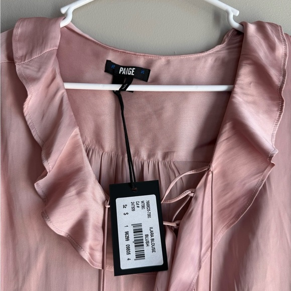 NWT PAIGE Blush Satin Ruffle Lace-Up Top | Romantic Office Chic Blouse S - Picture 3 of 4